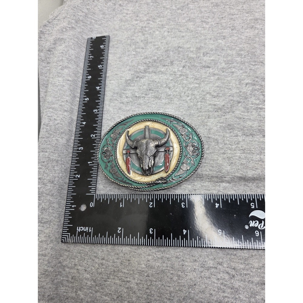 Rare 1981 Siskiyou Buffalo Skull Feathers Green Enamel Native Belt Buckle USA - Picture 8 of 10